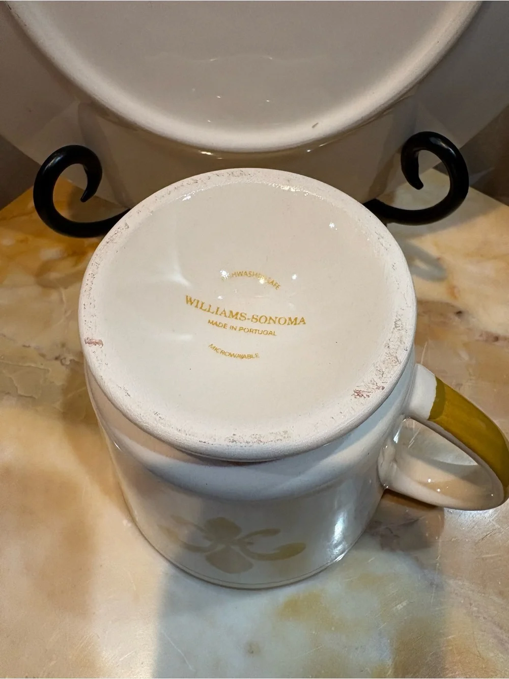 Williams Sonoma White Ceramic Mug and Plate with Yellow Fleur-de-Lis